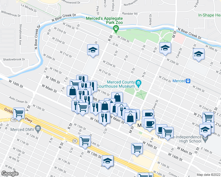 map of restaurants, bars, coffee shops, grocery stores, and more near 1960 P Street in Merced