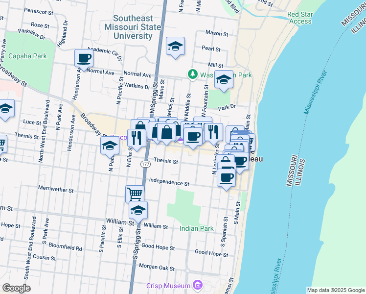 map of restaurants, bars, coffee shops, grocery stores, and more near Broadway St & N Middle St in Cape Girardeau