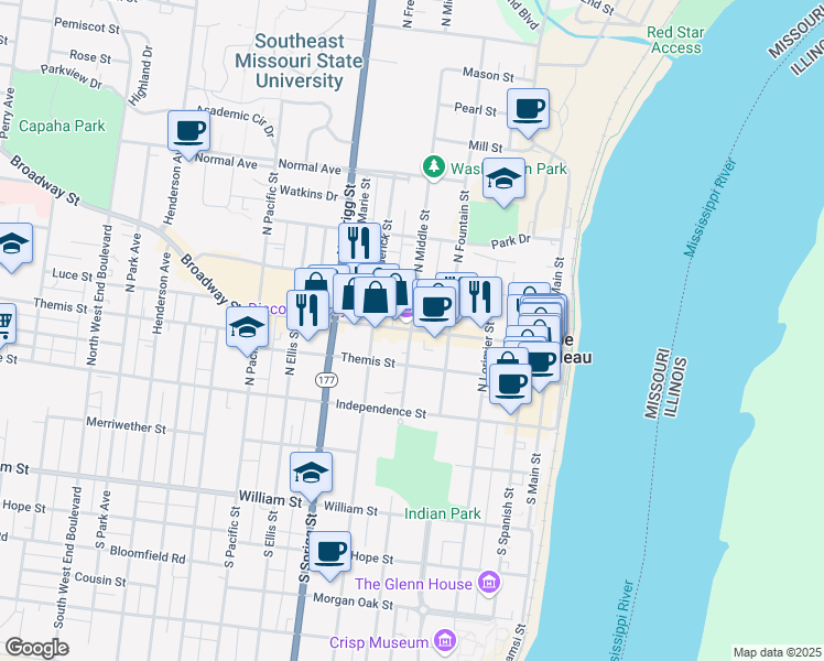 map of restaurants, bars, coffee shops, grocery stores, and more near Broadway St & N Middle St in Cape Girardeau