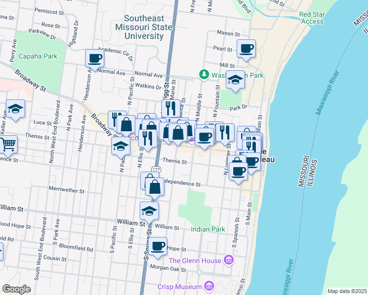map of restaurants, bars, coffee shops, grocery stores, and more near 519 Broadway Street in Cape Girardeau