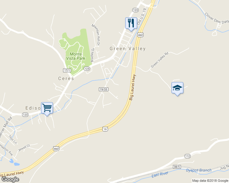 map of restaurants, bars, coffee shops, grocery stores, and more near 171 Lofty Street in Bluefield