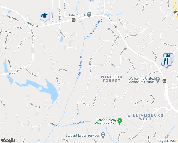 map of restaurants, bars, coffee shops, grocery stores, and more near 302 Hempstead Road in Williamsburg