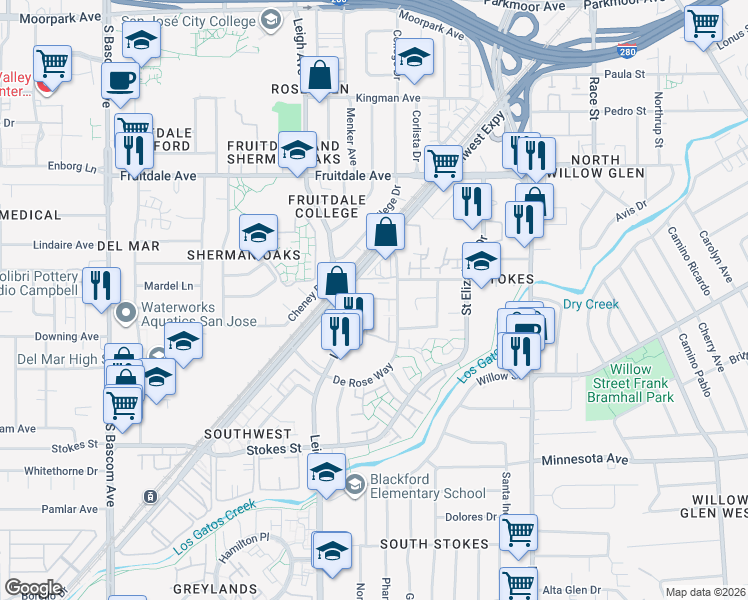 map of restaurants, bars, coffee shops, grocery stores, and more near 1491 De Rose Way in San Jose