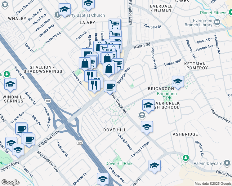map of restaurants, bars, coffee shops, grocery stores, and more near 1666 Capitol Expressway in San Jose