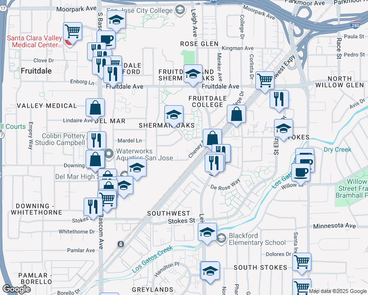 map of restaurants, bars, coffee shops, grocery stores, and more near 1626 Raquel Court in San Jose