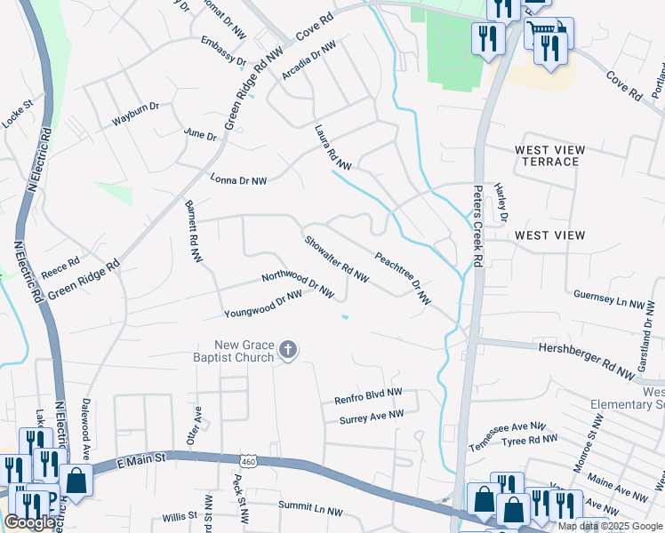 map of restaurants, bars, coffee shops, grocery stores, and more near 4814 Showalter Road Northwest in Roanoke