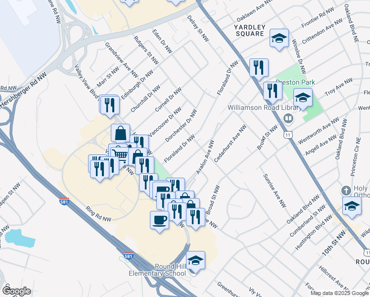 map of restaurants, bars, coffee shops, grocery stores, and more near 2515 Floraland Drive Northwest in Roanoke