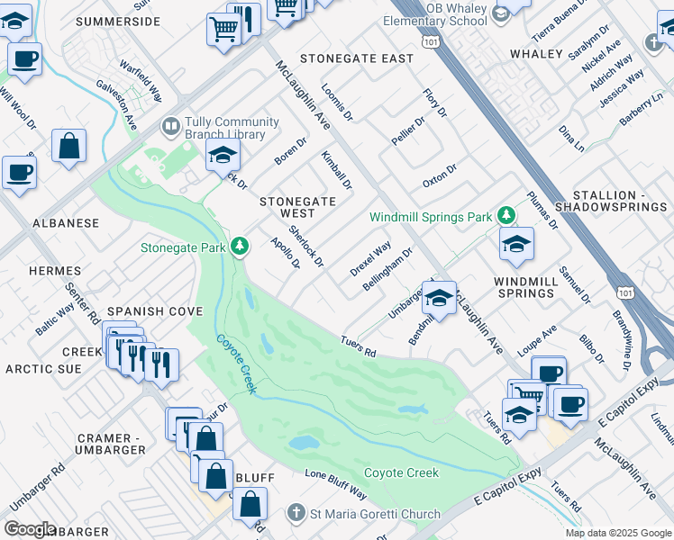 map of restaurants, bars, coffee shops, grocery stores, and more near 1012 Cheswick Drive in San Jose