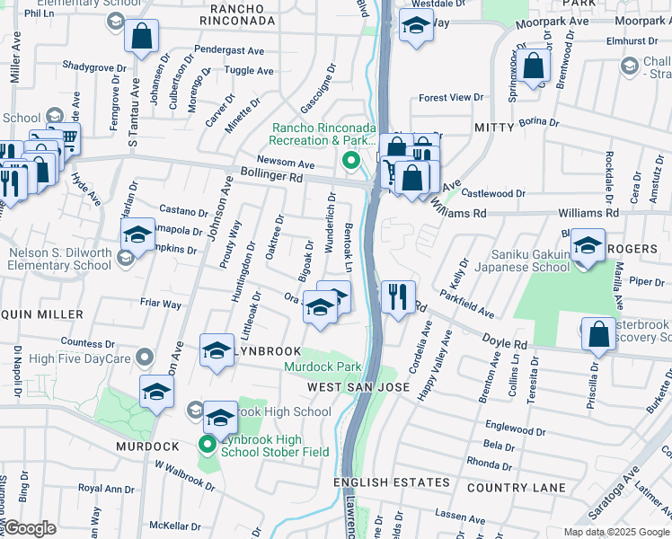 map of restaurants, bars, coffee shops, grocery stores, and more near 5475 Blackoak Way in San Jose