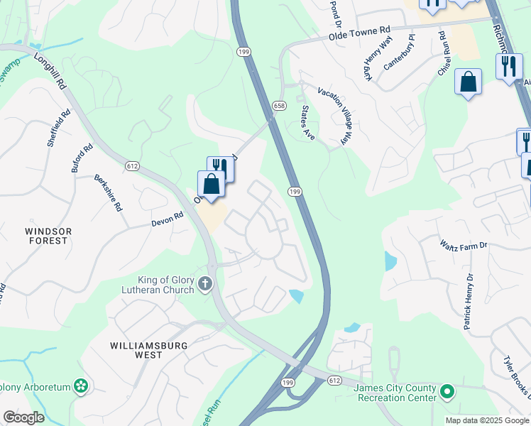 map of restaurants, bars, coffee shops, grocery stores, and more near 153 Chelam Chase in Williamsburg