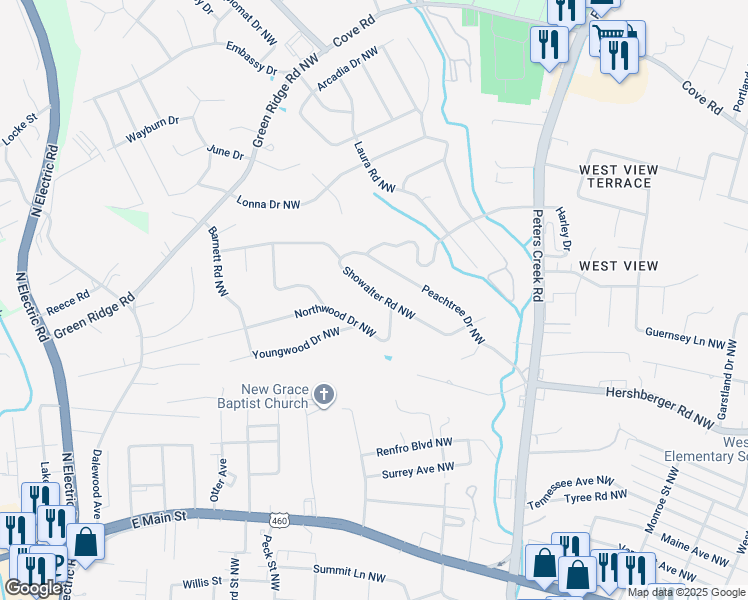 map of restaurants, bars, coffee shops, grocery stores, and more near 4814 Showalter Road Northwest in Roanoke