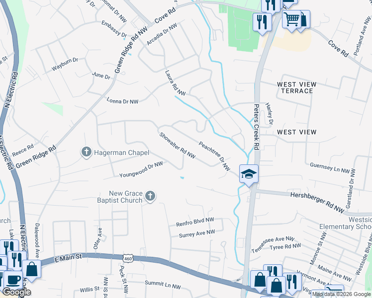 map of restaurants, bars, coffee shops, grocery stores, and more near 4783 Showalter Road Northwest in Roanoke