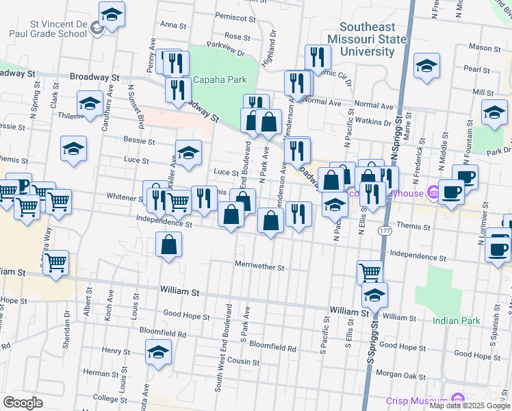 map of restaurants, bars, coffee shops, grocery stores, and more near 49 North Park Avenue in Cape Girardeau