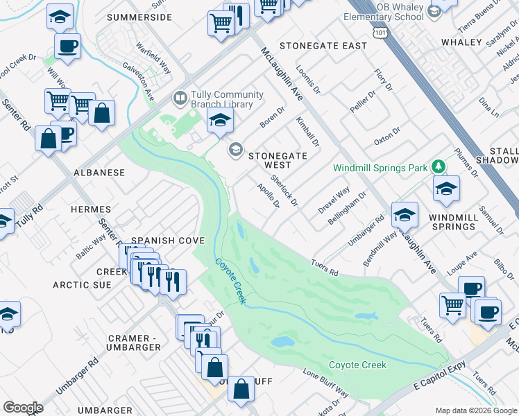 map of restaurants, bars, coffee shops, grocery stores, and more near 2676 Larch Court in San Jose