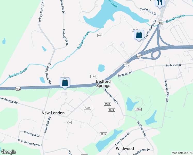 map of restaurants, bars, coffee shops, grocery stores, and more near 77 Hicks Road in Lynchburg