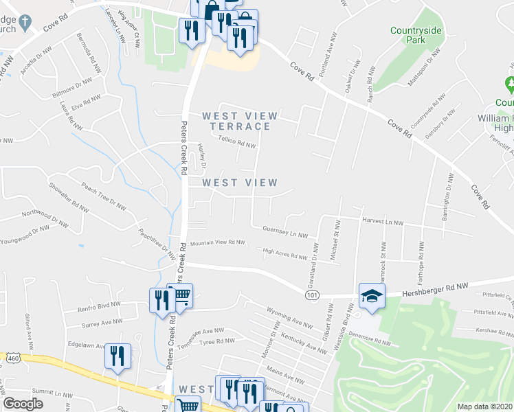 map of restaurants, bars, coffee shops, grocery stores, and more near 1633 Angus Road Northwest in Roanoke