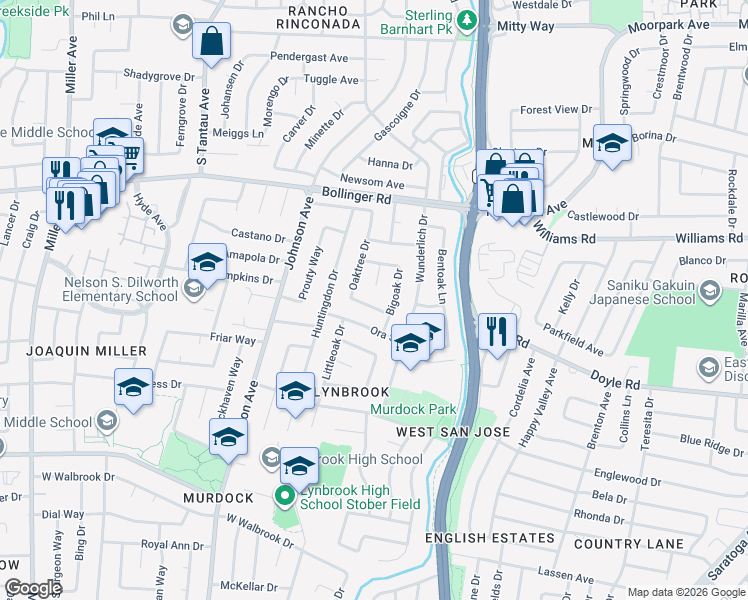 map of restaurants, bars, coffee shops, grocery stores, and more near 1078 Oaktree Drive in San Jose