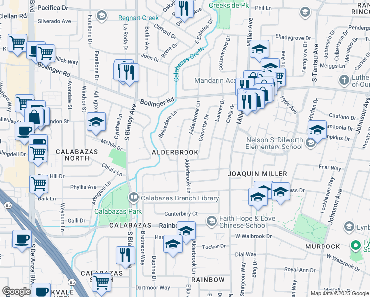 map of restaurants, bars, coffee shops, grocery stores, and more near 1079 Alderbrook Lane in San Jose
