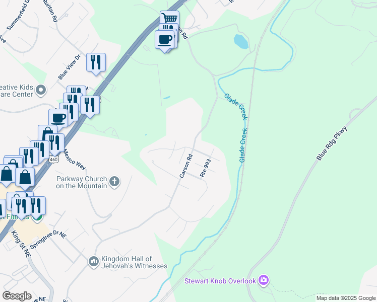 map of restaurants, bars, coffee shops, grocery stores, and more near 3700 Jordan Circle in Roanoke