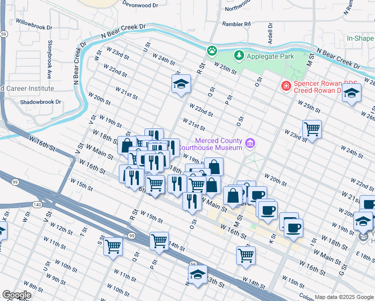 map of restaurants, bars, coffee shops, grocery stores, and more near 1920 Q Street in Merced