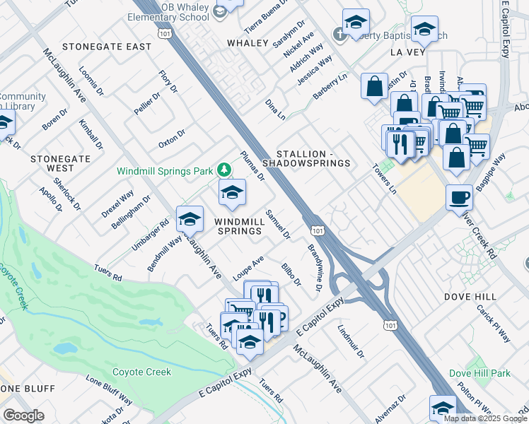 map of restaurants, bars, coffee shops, grocery stores, and more near 2905 Samuel Drive in San Jose