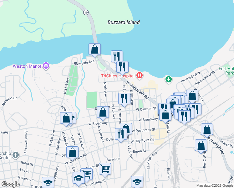 map of restaurants, bars, coffee shops, grocery stores, and more near 602 Eppes Street in Hopewell