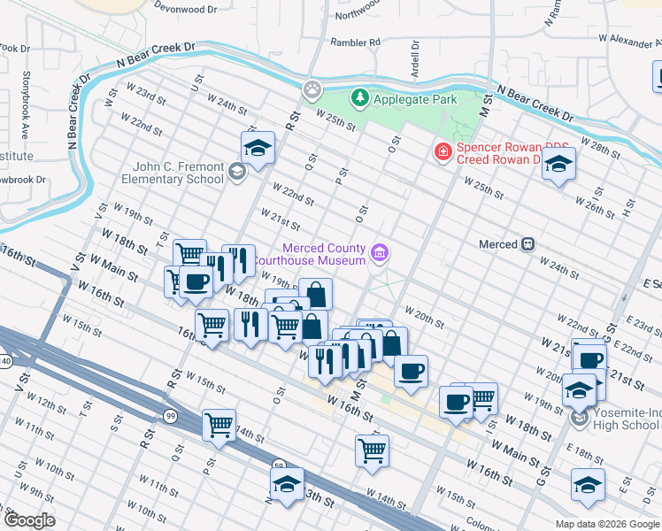 map of restaurants, bars, coffee shops, grocery stores, and more near 2011 O Street in Merced