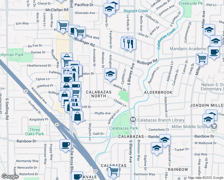 map of restaurants, bars, coffee shops, grocery stores, and more near 6990 Melvin Drive in San Jose