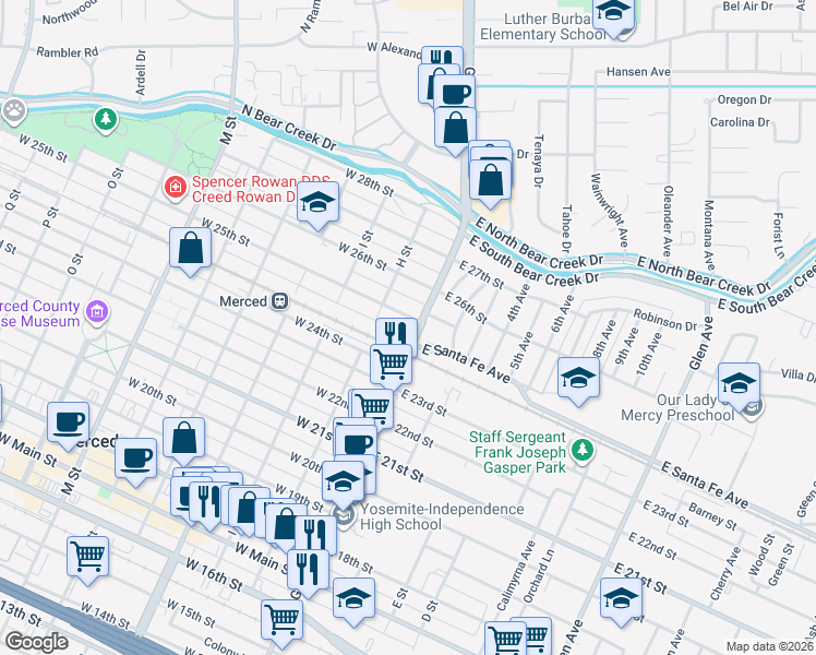 map of restaurants, bars, coffee shops, grocery stores, and more near 38 West 25th Street in Merced