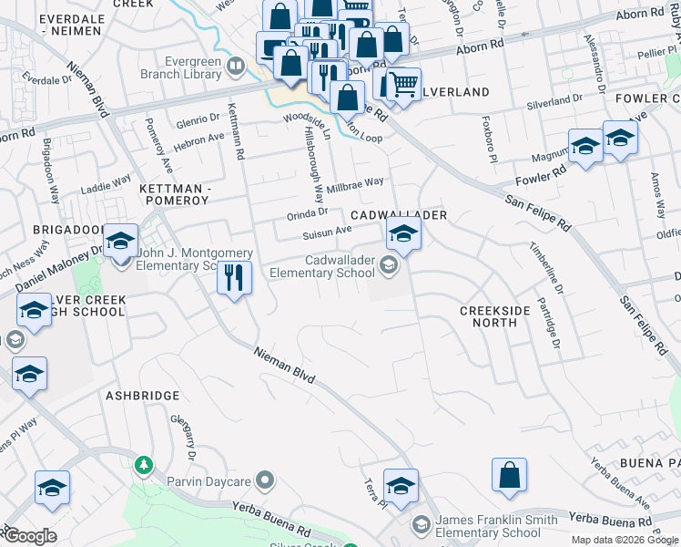 map of restaurants, bars, coffee shops, grocery stores, and more near 3806 Ramirez Court in San Jose