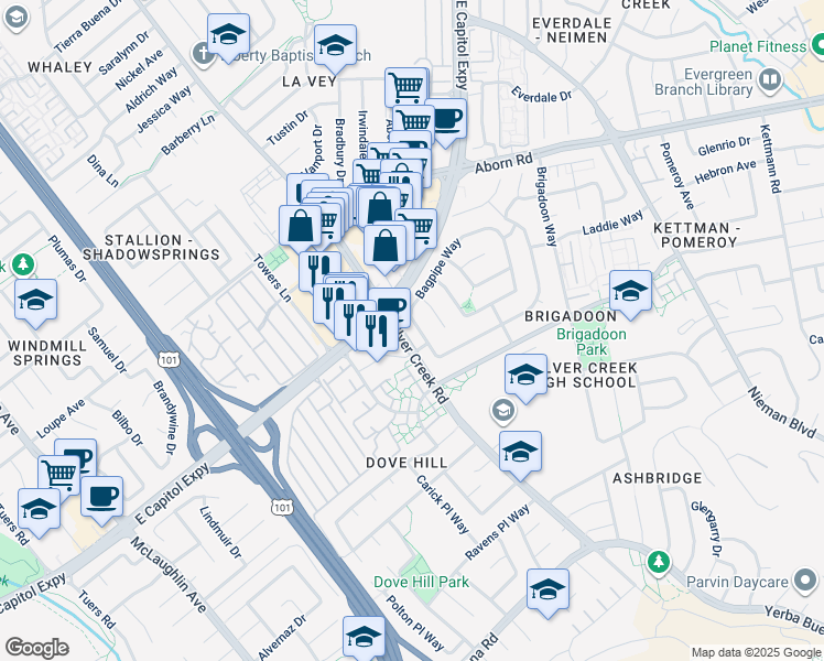 map of restaurants, bars, coffee shops, grocery stores, and more near 1666 Capitol Expressway in San Jose