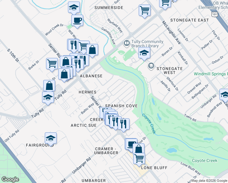 map of restaurants, bars, coffee shops, grocery stores, and more near 2580 Senter Road in San Jose