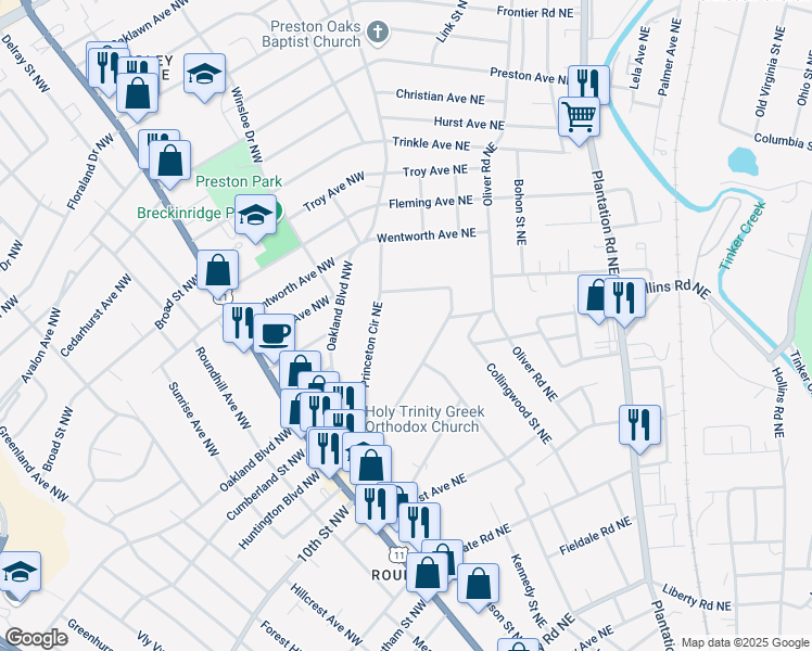 map of restaurants, bars, coffee shops, grocery stores, and more near 3535 Princeton Circle Northeast in Roanoke