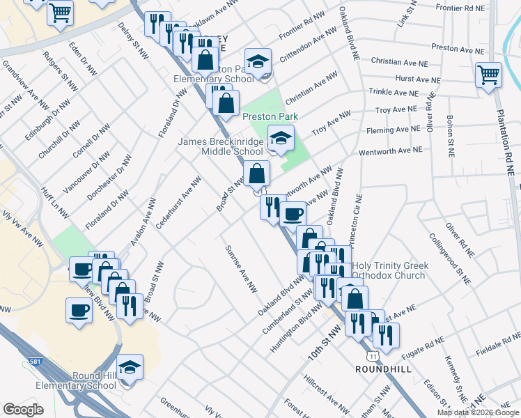 map of restaurants, bars, coffee shops, grocery stores, and more near 3750 Williamson Road in Roanoke