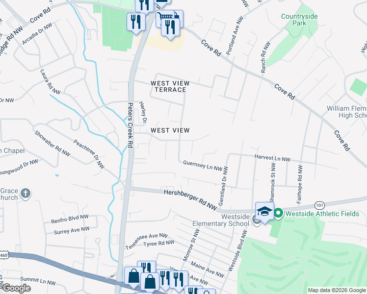 map of restaurants, bars, coffee shops, grocery stores, and more near 1633-1639 Angus Road Northwest in Roanoke