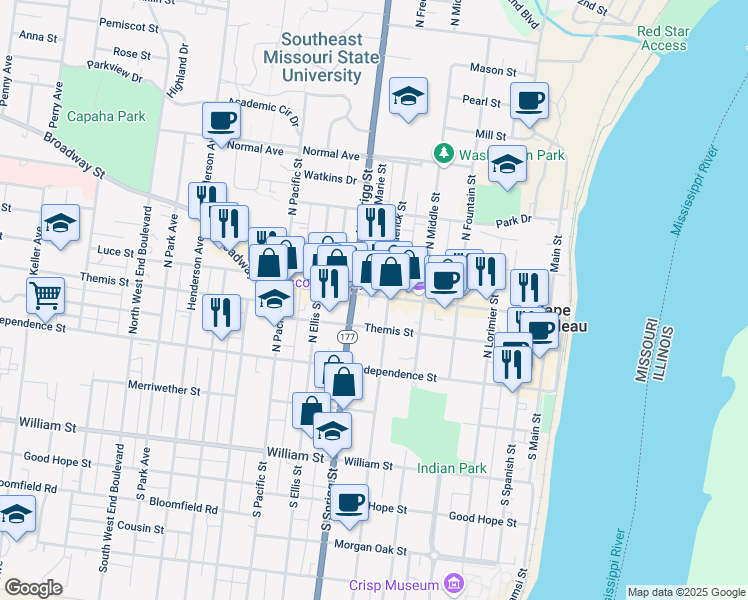 map of restaurants, bars, coffee shops, grocery stores, and more near 621 Broadway Street in Cape Girardeau