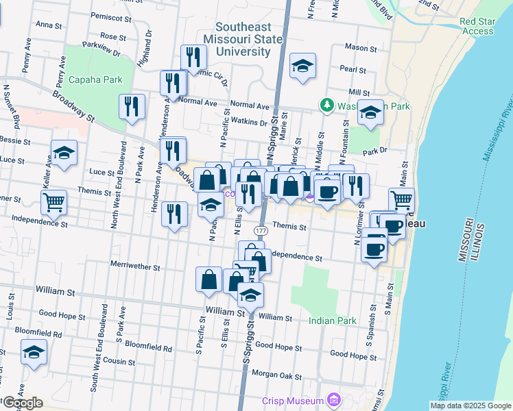 map of restaurants, bars, coffee shops, grocery stores, and more near 721 Broadway Street in Cape Girardeau