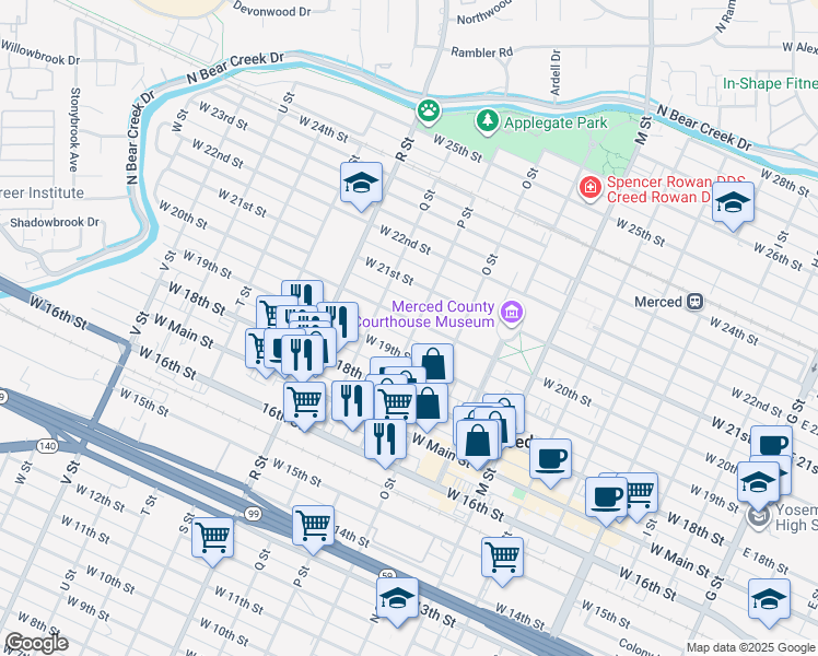 map of restaurants, bars, coffee shops, grocery stores, and more near 902 West 20th Street in Merced