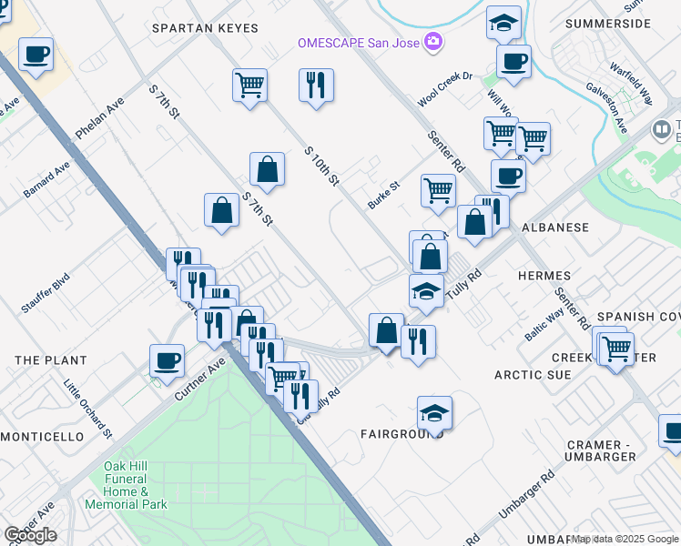 map of restaurants, bars, coffee shops, grocery stores, and more near 2096 South 7th Street in San Jose
