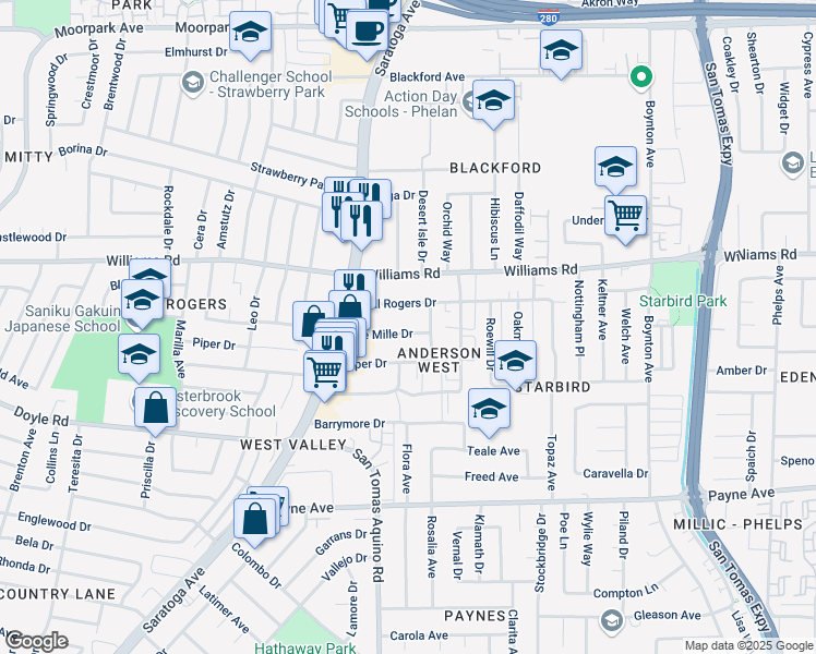 map of restaurants, bars, coffee shops, grocery stores, and more near 4125 De Mille Drive in San Jose