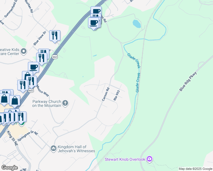 map of restaurants, bars, coffee shops, grocery stores, and more near 3700 Jordan Circle in Roanoke