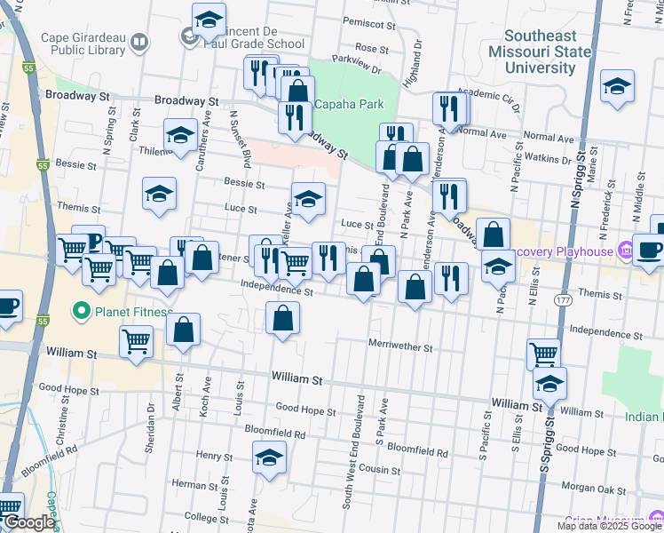 map of restaurants, bars, coffee shops, grocery stores, and more near 1450 Whitener Street in Cape Girardeau