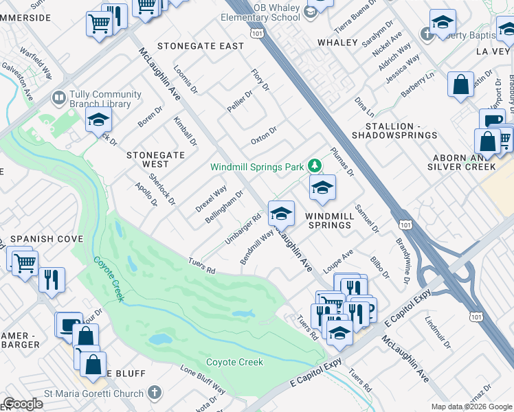 map of restaurants, bars, coffee shops, grocery stores, and more near 2799 McLaughlin Avenue in San Jose