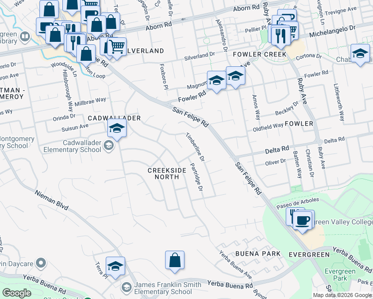 map of restaurants, bars, coffee shops, grocery stores, and more near 3894 Forester Court in San Jose