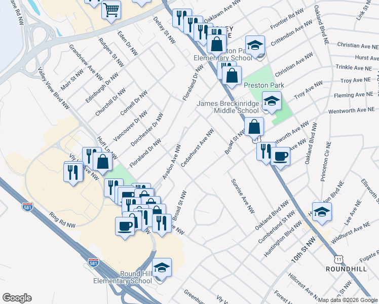 map of restaurants, bars, coffee shops, grocery stores, and more near 2634 Cedarhurst Avenue Northwest in Roanoke