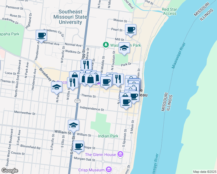 map of restaurants, bars, coffee shops, grocery stores, and more near 400 Broadway Street in Cape Girardeau