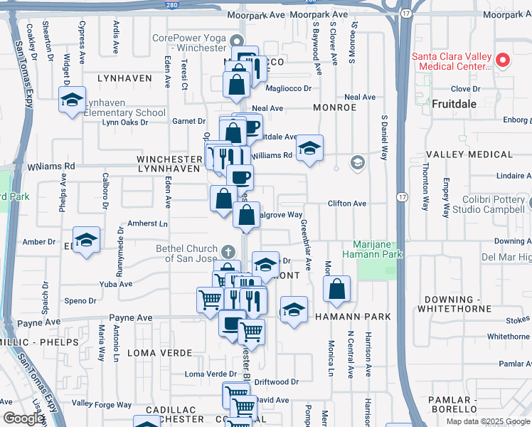map of restaurants, bars, coffee shops, grocery stores, and more near 1056 Walgrove Way in San Jose