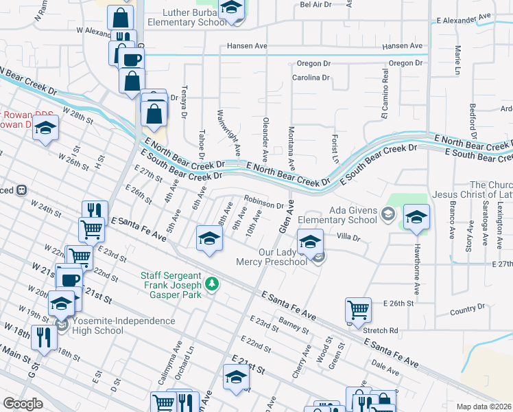 map of restaurants, bars, coffee shops, grocery stores, and more near 2757 10th Avenue in Merced