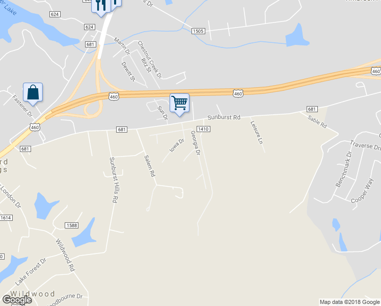 map of restaurants, bars, coffee shops, grocery stores, and more near 43 Utah Drive in Evington