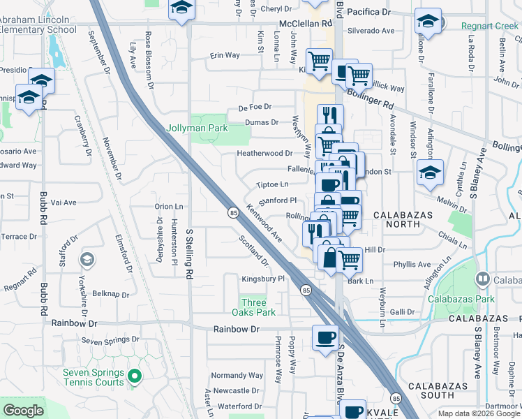 map of restaurants, bars, coffee shops, grocery stores, and more near 7490 Stanford Place in Cupertino